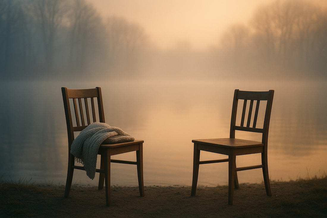 Two empty chairs by a misty lake at dawn symbolizing ambiguous loss and grieving someone still alive