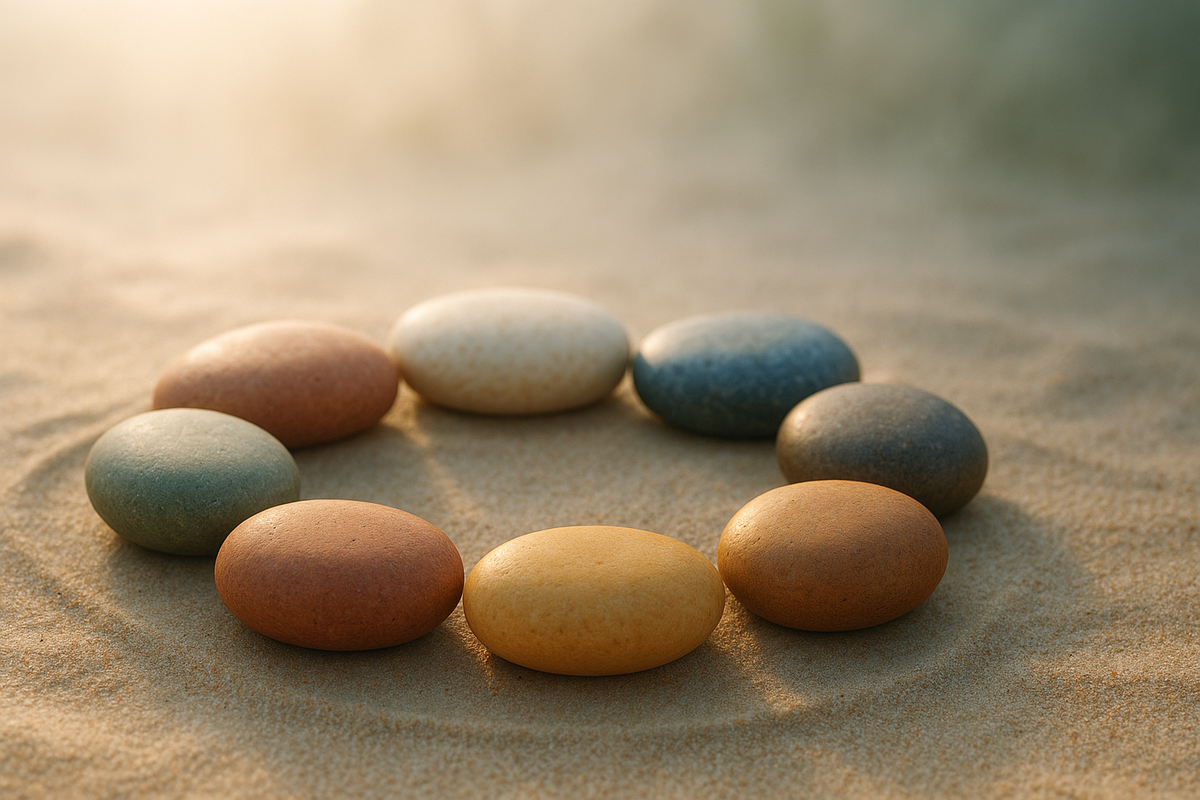 Eight colored river stones arranged in a balanced circle representing the dimensions of emotional wellness.