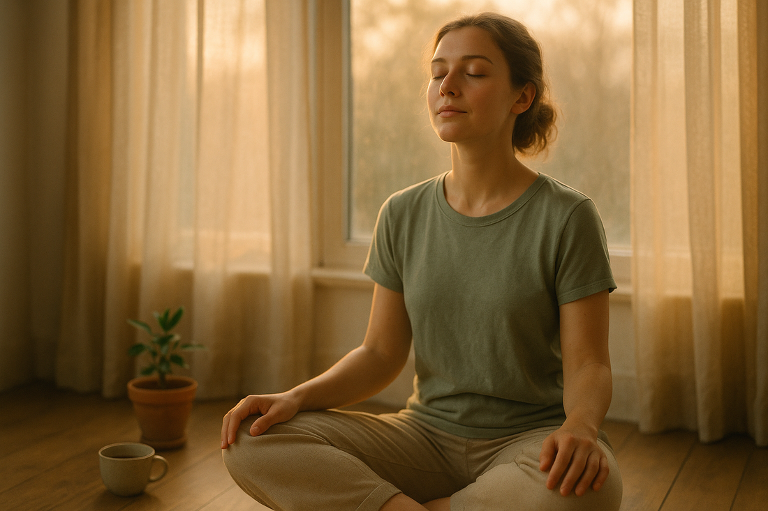 Woman exhaling peacefully by sunlit window, symbolizing release from perfectionism and anxiety toward calm self-compassion