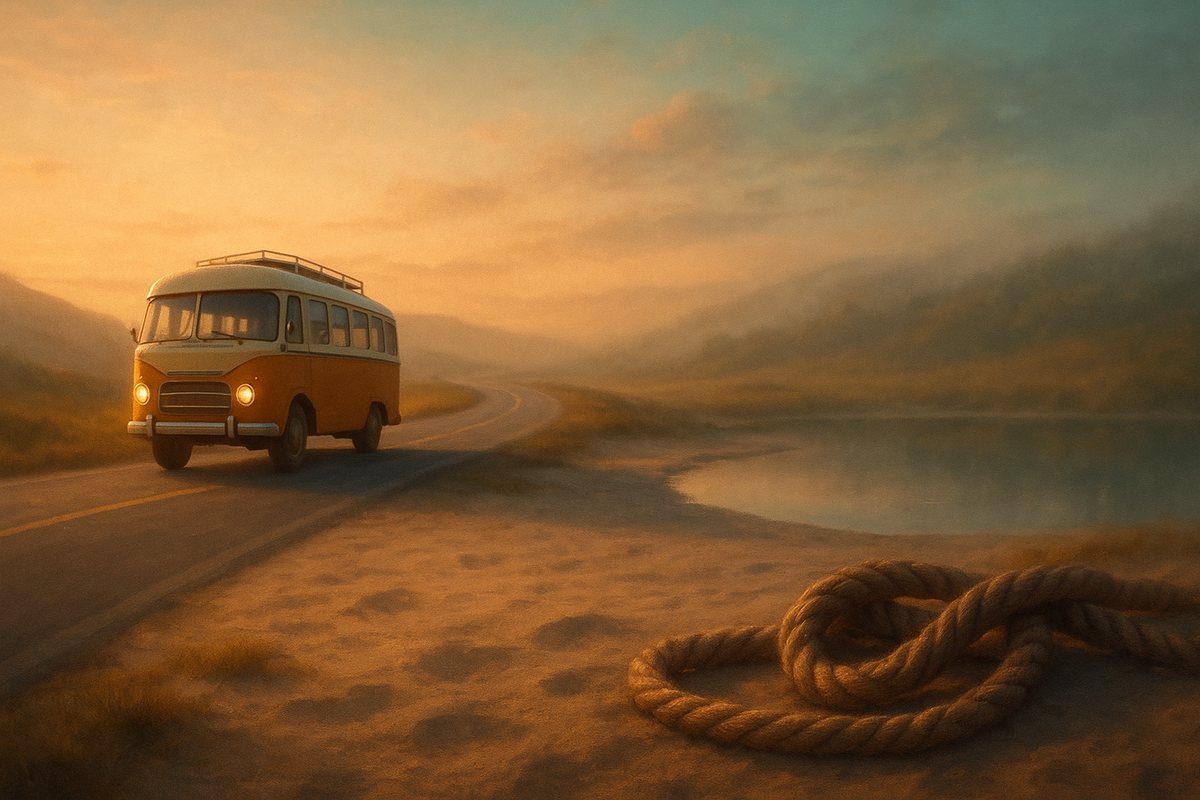 Symbolic landscape blending bus road, quicksand pool, and rope illustrating ACT metaphors for psychological flexibility