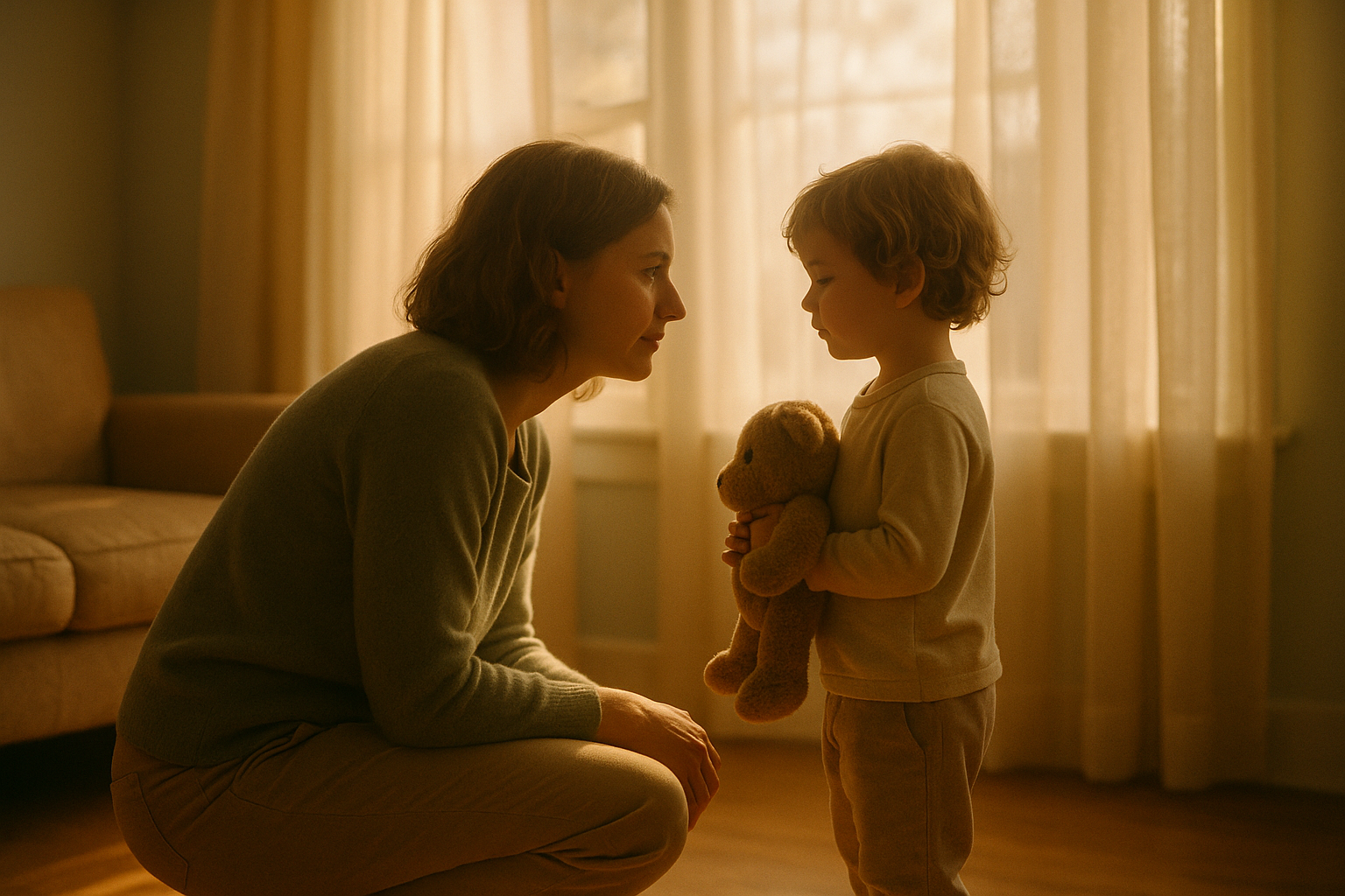 Parent kneeling at eye level with young child illustrating supportive caregiving essential to children's mental health