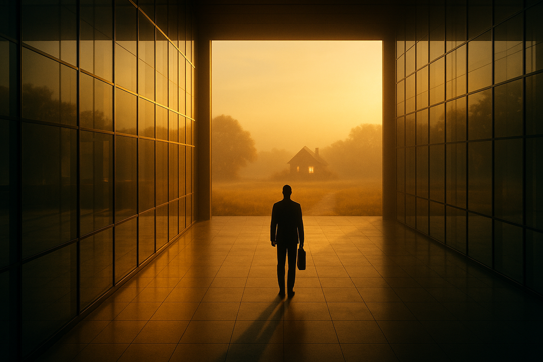First-generation professional standing between family home and corporate office representing imposter syndrome experience