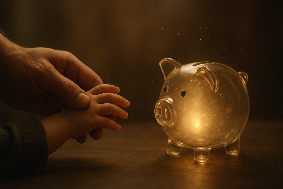 Adult and child hands reaching toward a glowing piggy bank symbolizing inherited money scripts and financial anxiety