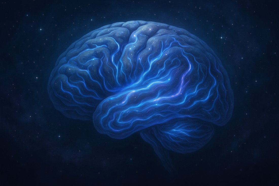 Glowing brain with cerebrospinal fluid flowing through it representing the glymphatic system during sleep