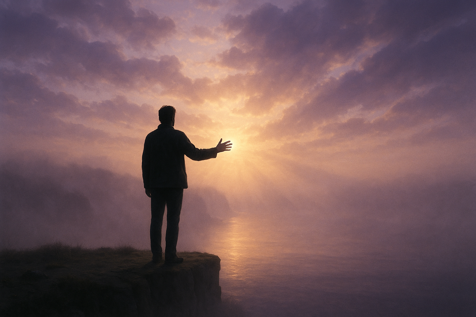 Person at cliff edge facing sunrise symbolizing healing from moral injury and renewed hope