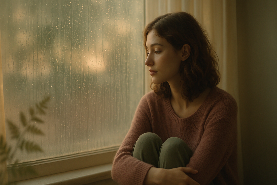 Highly sensitive person sitting quietly by a rain-streaked window in warm soft light
