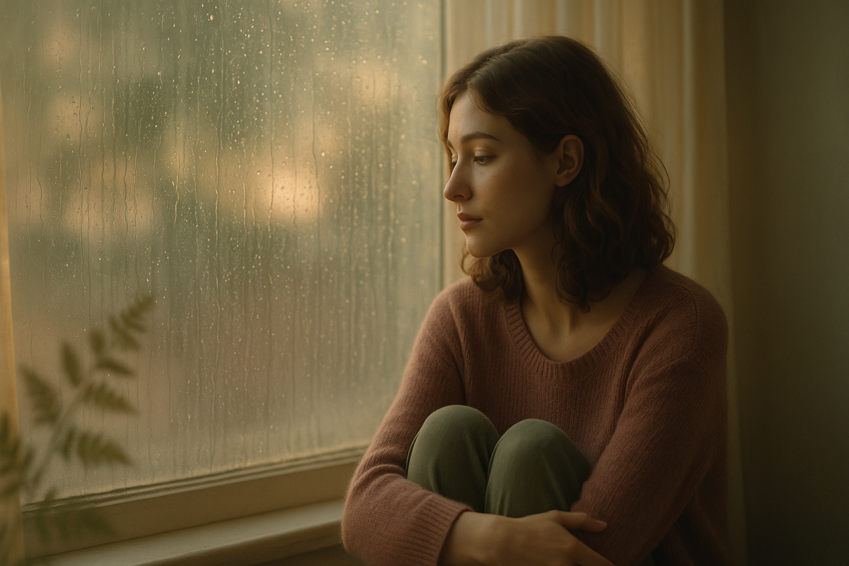 Highly sensitive person sitting quietly by a rain-streaked window in warm soft light