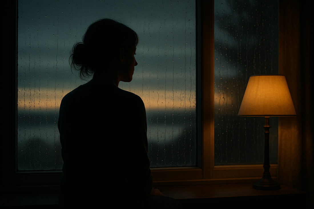 Woman by window at dusk representing hypervigilance after narcissistic abuse and quiet inner alertness