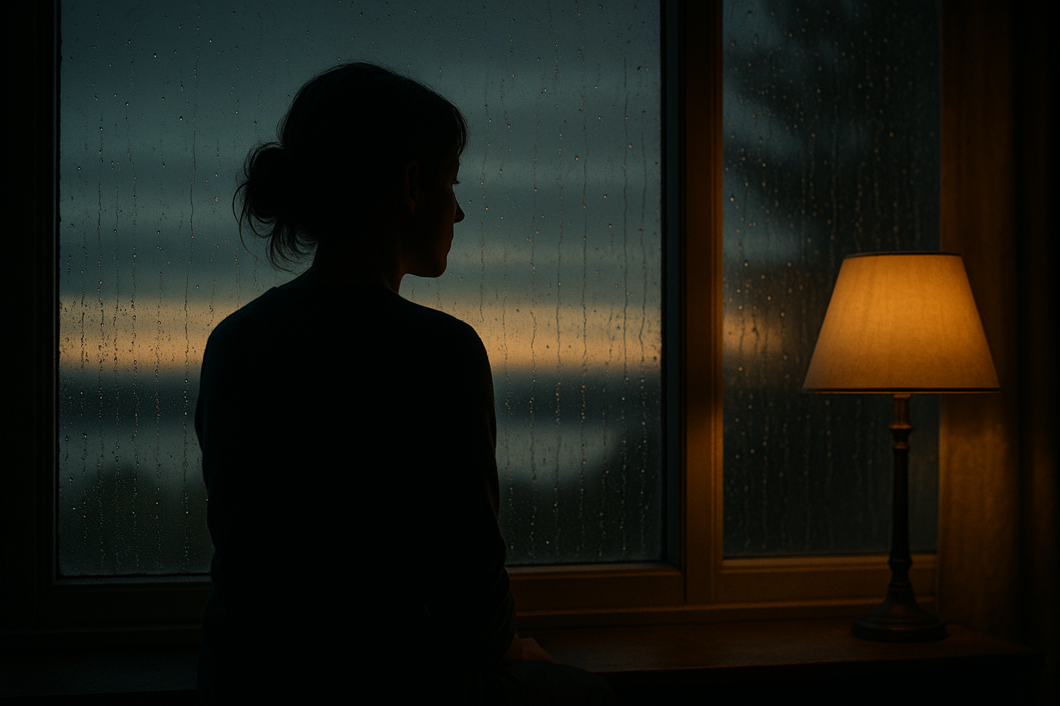 Woman by window at dusk representing hypervigilance after narcissistic abuse and quiet inner alertness