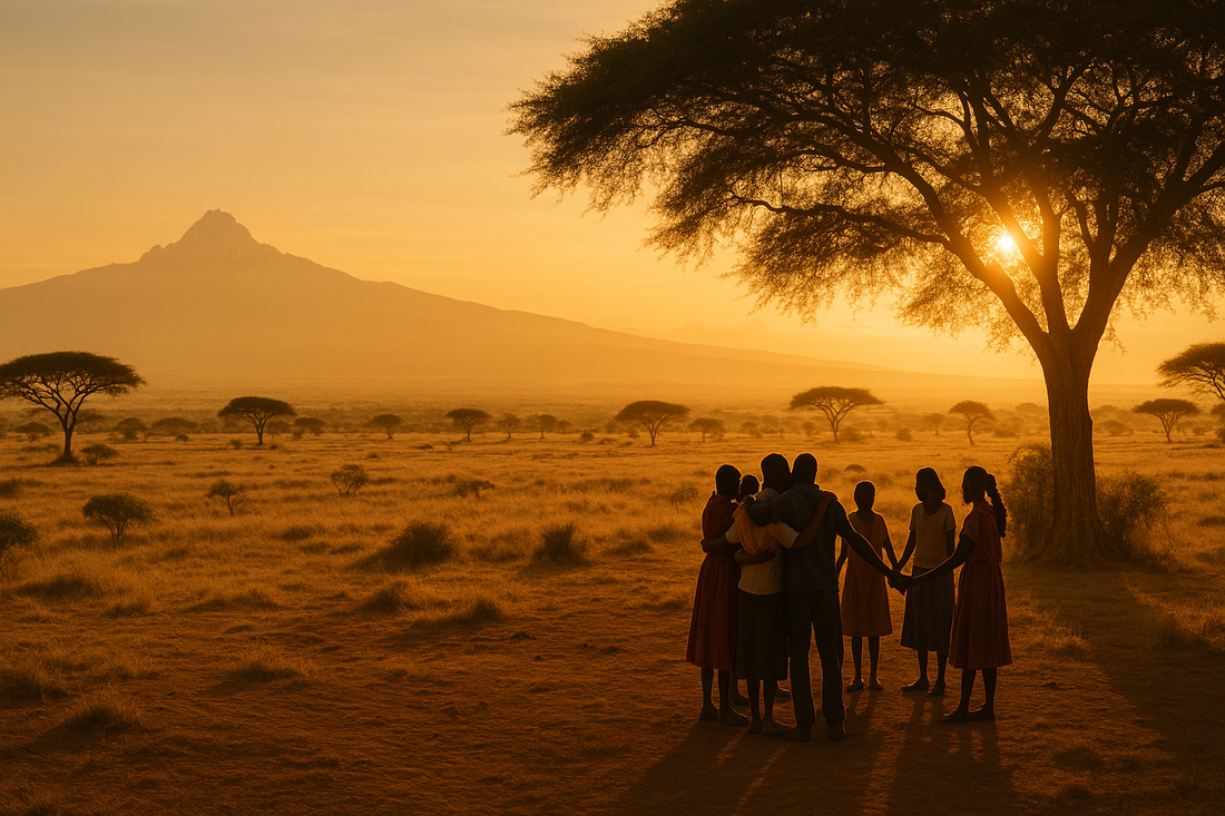Kenyan community gathered beneath acacia tree at sunset symbolizing collective mental health healing