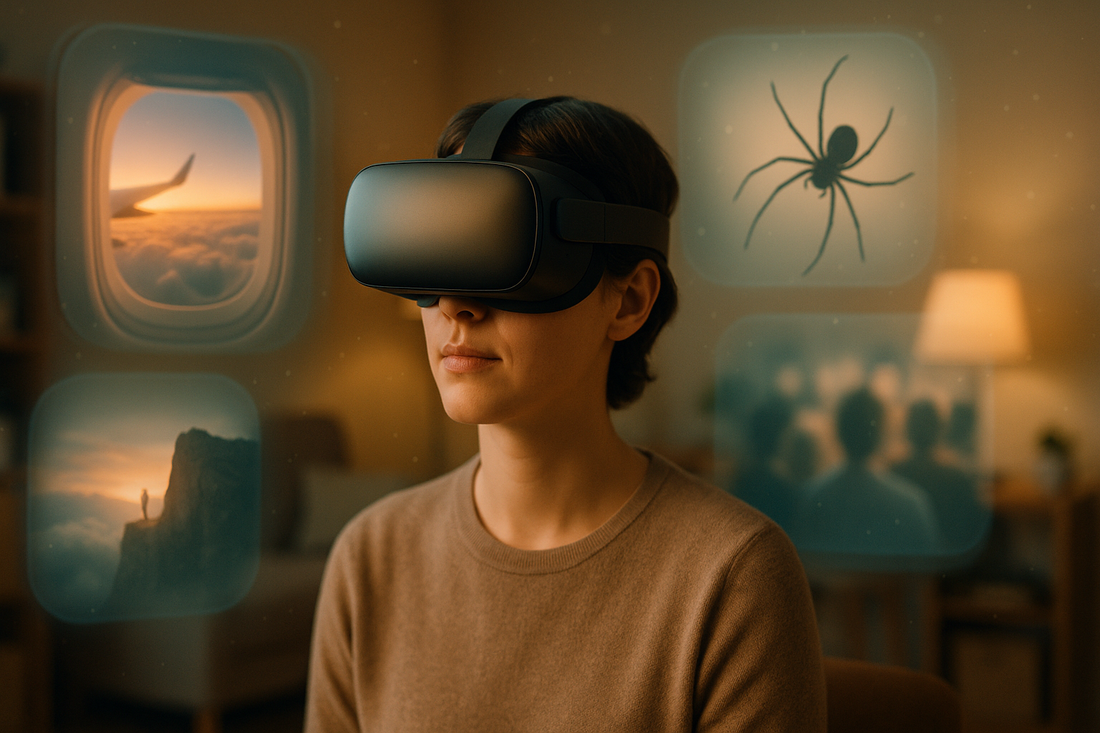 Person in VR headset experiencing immersive exposure therapy scenes in a calm therapy office setting