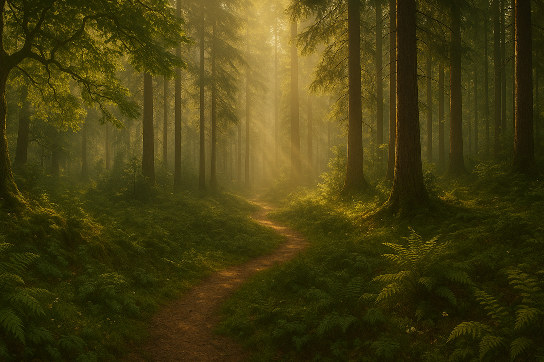 Sunlit forest path with mist and god rays evoking calm forest bathing experience