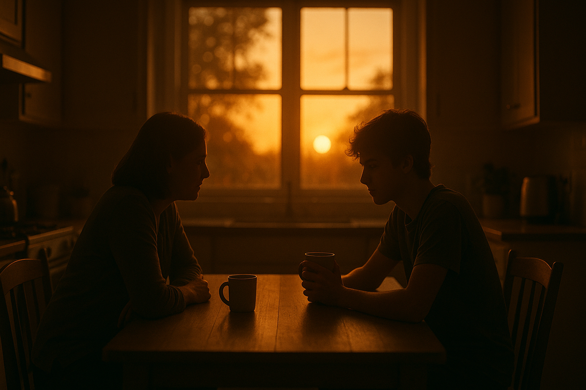 Parent and teenager having a quiet supportive conversation about youth mental health warning signs at home