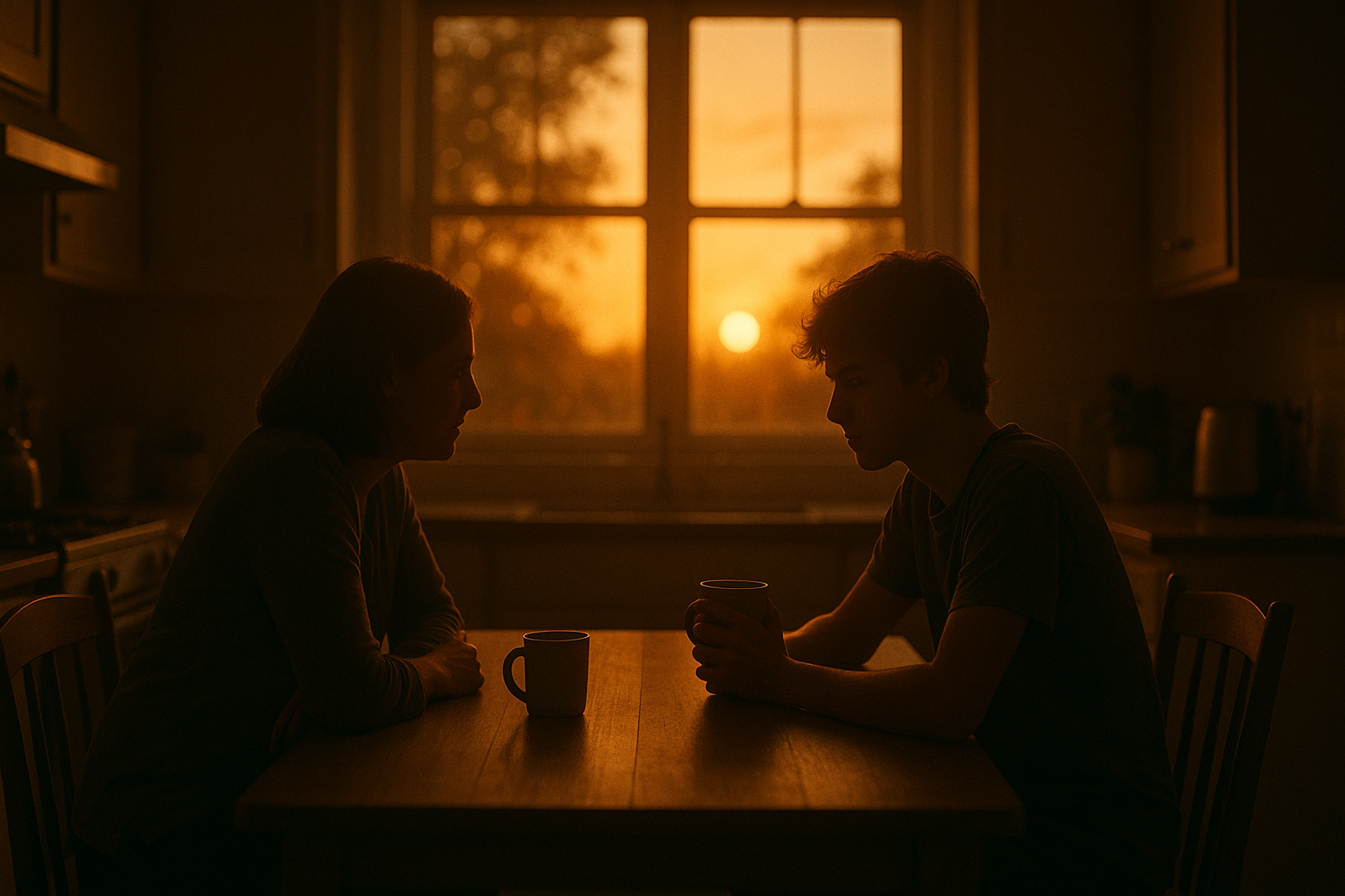 Parent and teenager having a quiet supportive conversation about youth mental health warning signs at home