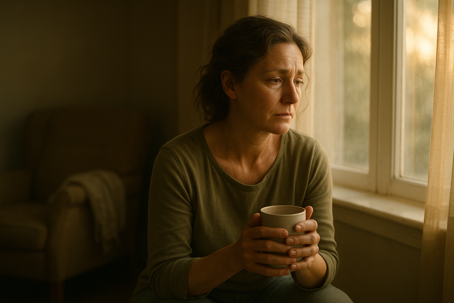 Exhausted woman by window showing signs of caregiver burnout while taking a quiet moment of rest