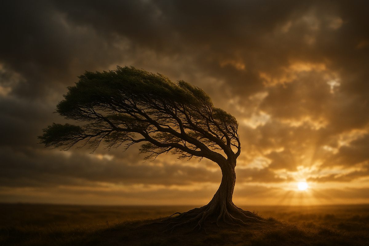 Flexible tree bending in wind at golden hour symbolizing psychological flexibility and rooted values