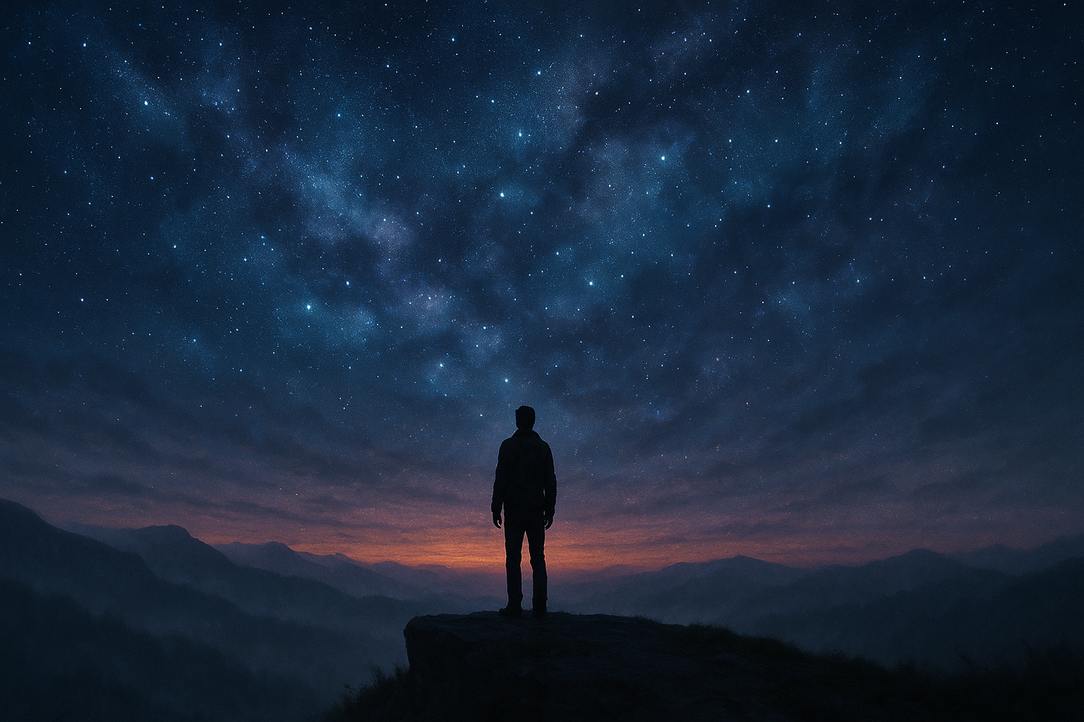 Person standing on a cliff facing vast cosmic sky symbolizing existential anxiety and contemplation of meaning