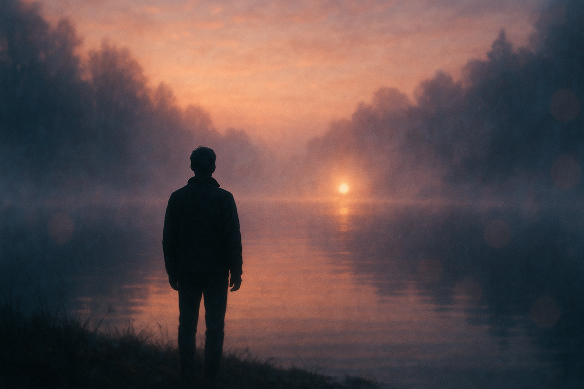 Silhouette of a person at a misty lake at dawn representing limerence and romantic longing