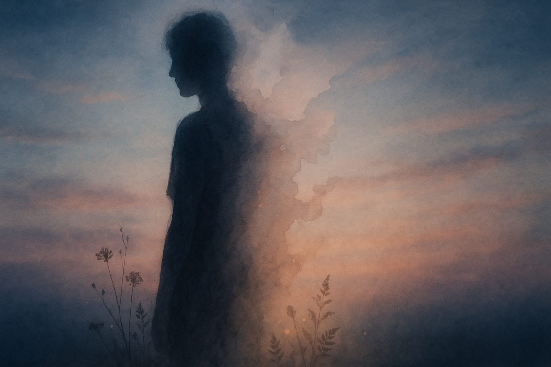 Translucent silhouette dissolving into watercolor twilight representing the fawn response and loss of self