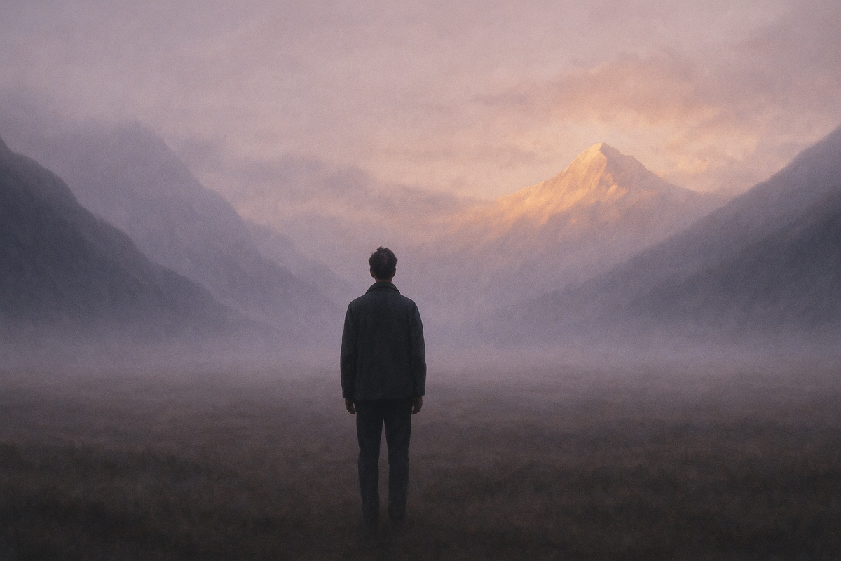 Solitary figure on a misty plateau symbolizing languishing between depression and flourishing in muted dawn light