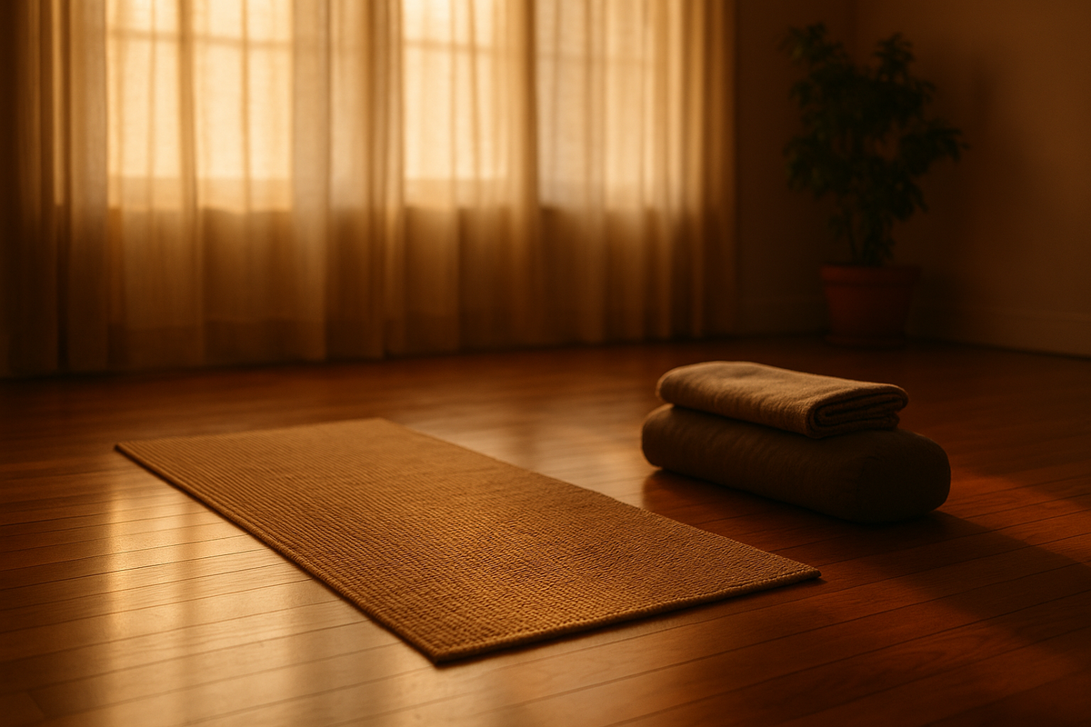 Peaceful empty yoga mat in sunlit studio representing safe space for trauma-informed yoga practice