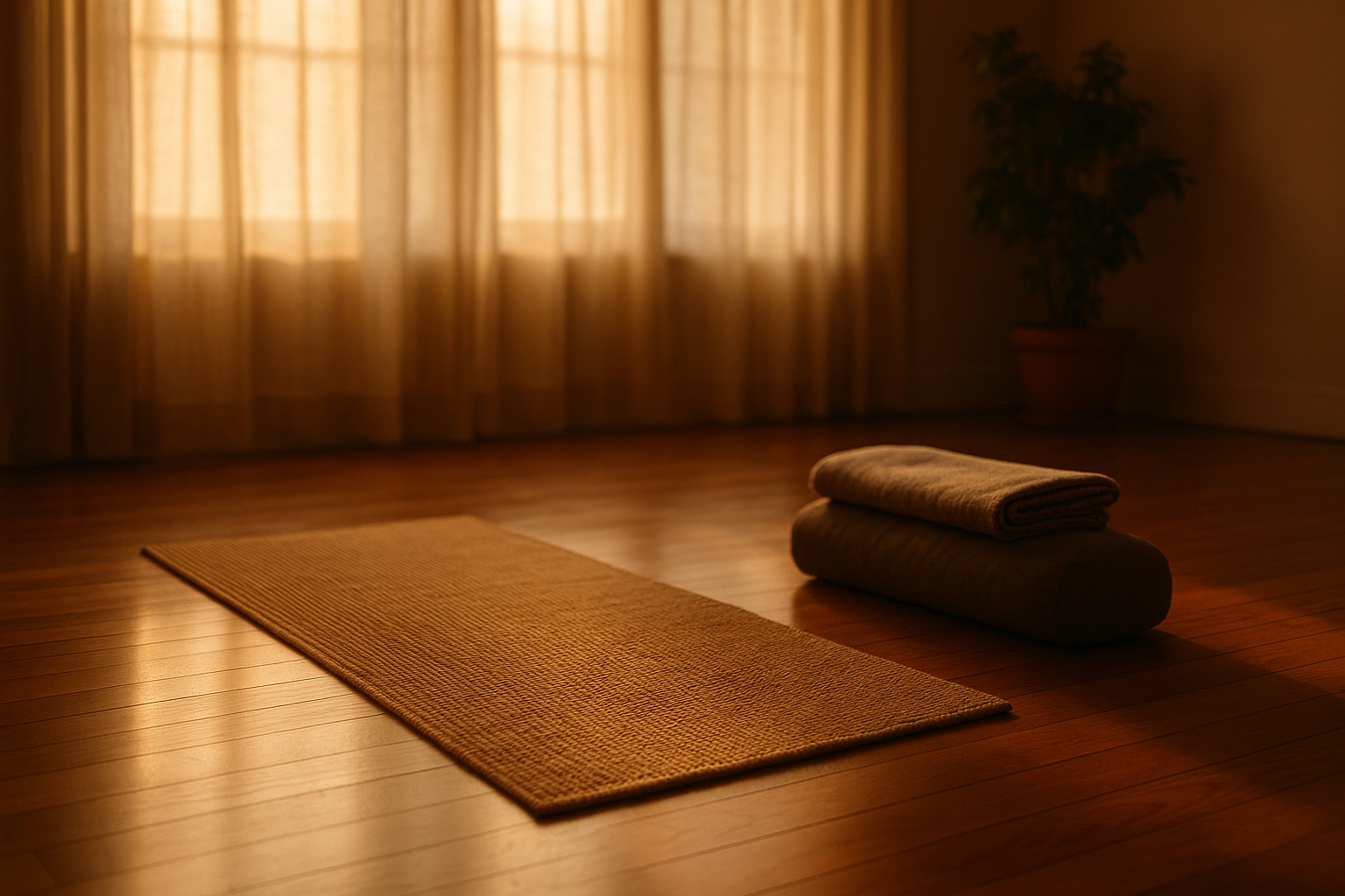 Peaceful empty yoga mat in sunlit studio representing safe space for trauma-informed yoga practice