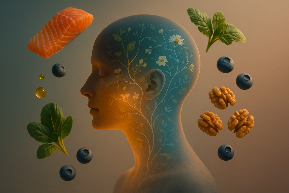 Conceptual image showing the link between inflammation and depression with brain, body, and anti-inflammatory foods in soft light