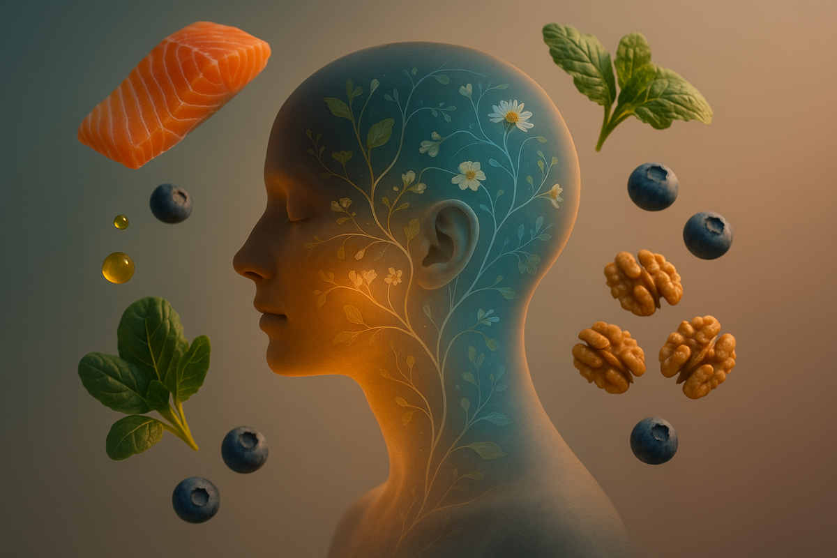 Conceptual image showing the link between inflammation and depression with brain, body, and anti-inflammatory foods in soft light
