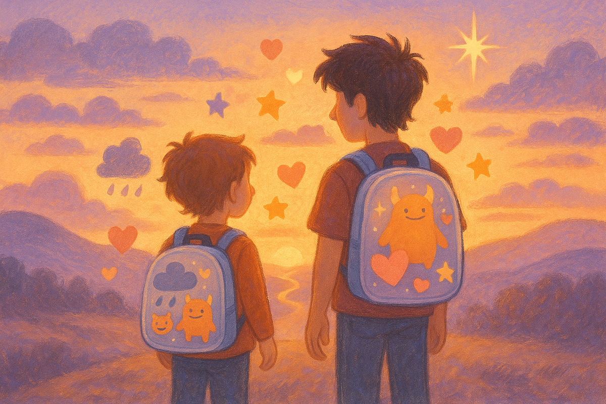 Child and teen with glowing backpacks of thoughts walking toward a sunrise representing ACT metaphors for kids