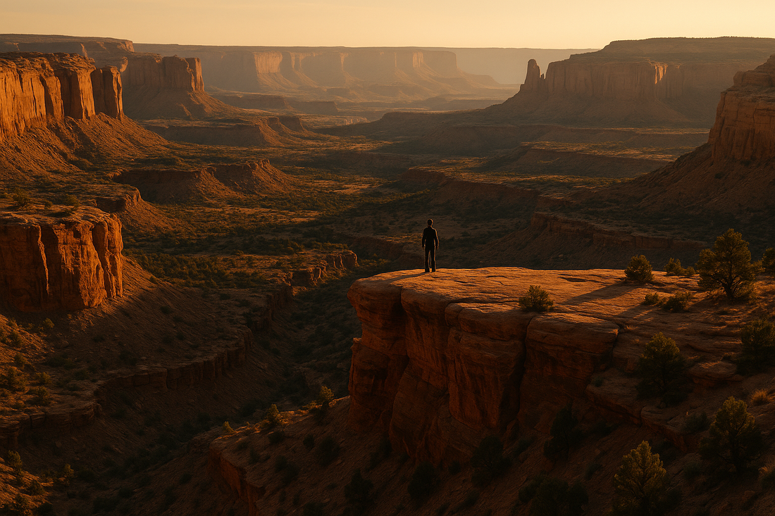 Solitary figure on a mesa overlooking Southern Utah red rock canyons at golden hour