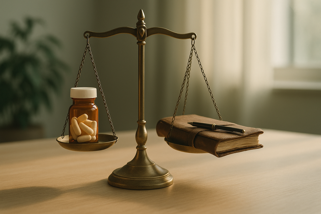 Balanced scale weighing prescription pill bottle against therapy journal representing antidepressants vs therapy treatment choice