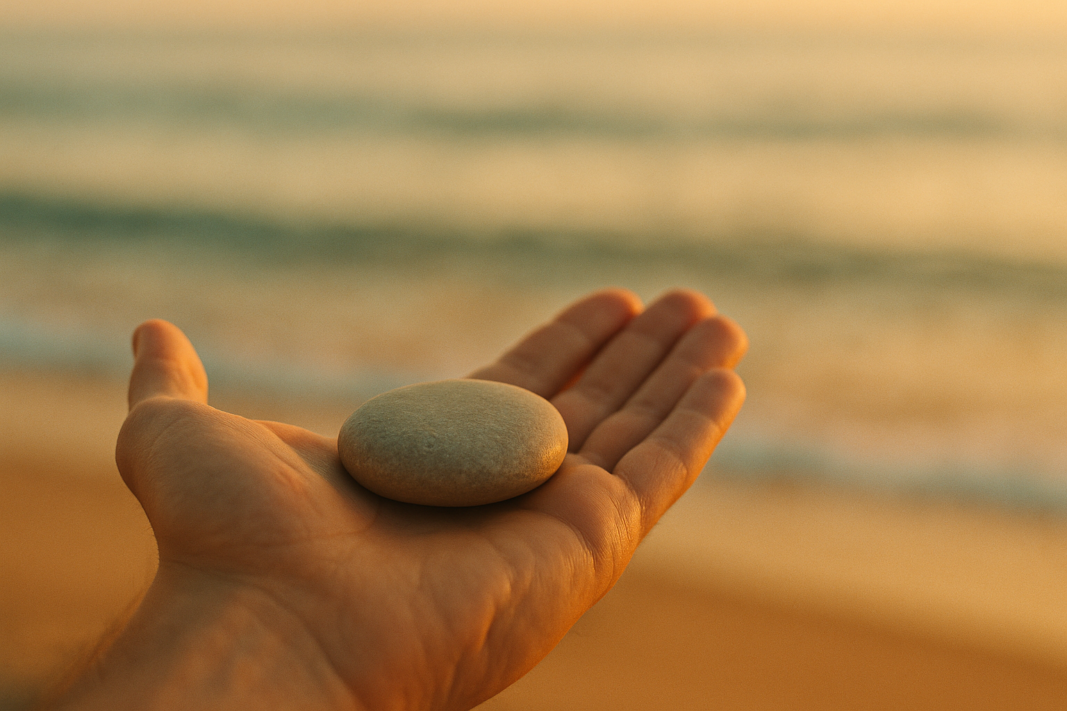 Open hand cradling a stone by ocean waves symbolizing acceptance in therapy