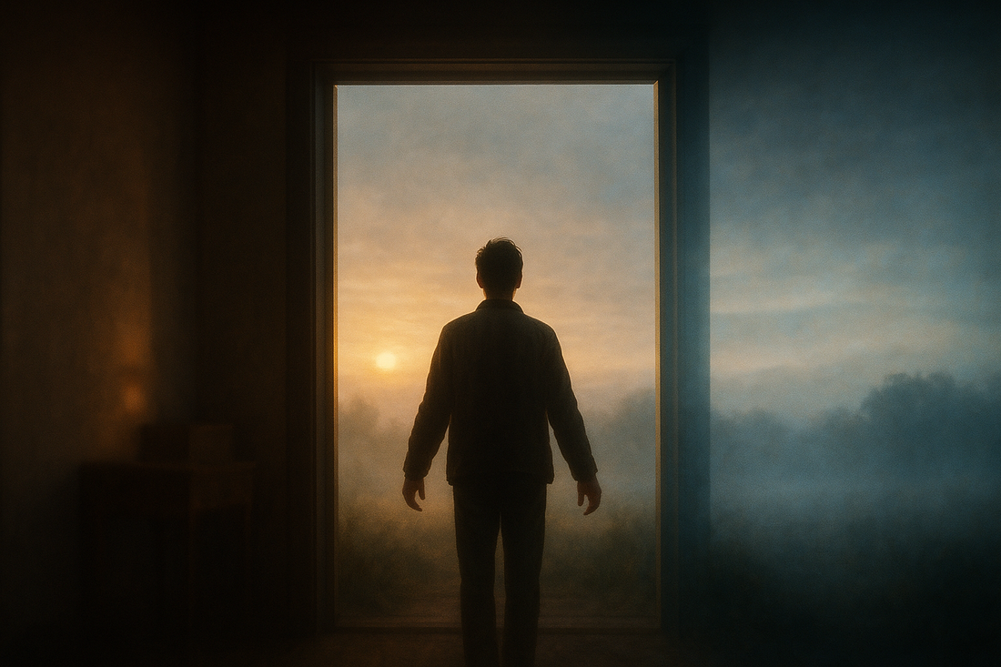 Silhouetted figure standing in doorway between past and future representing identity loss after major life transitions