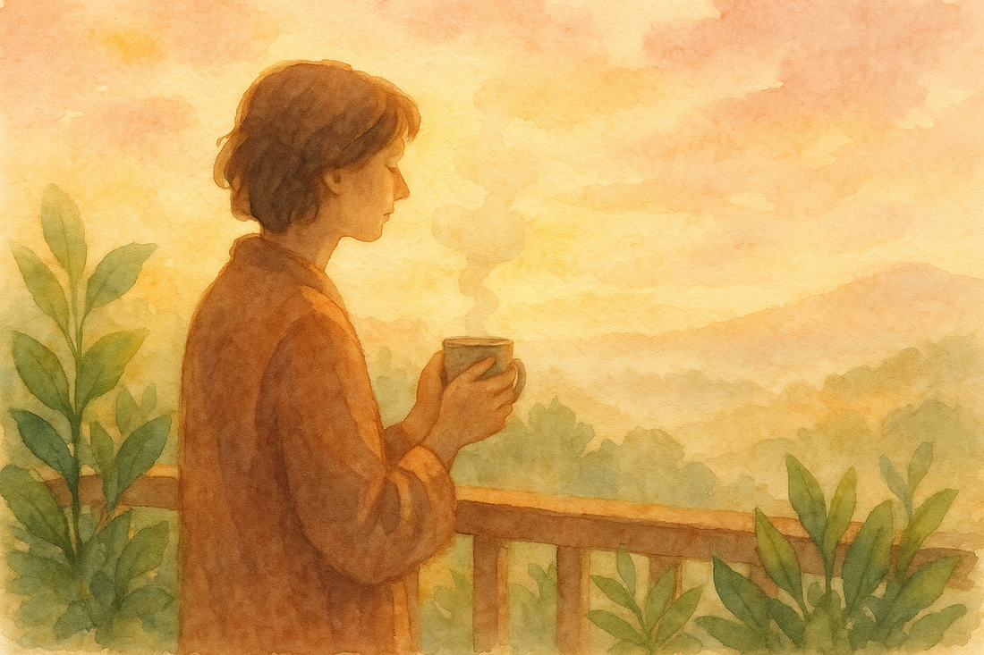 Person enjoying morning sunlight on a peaceful balcony, illustrating a calming mental health routine at sunrise.