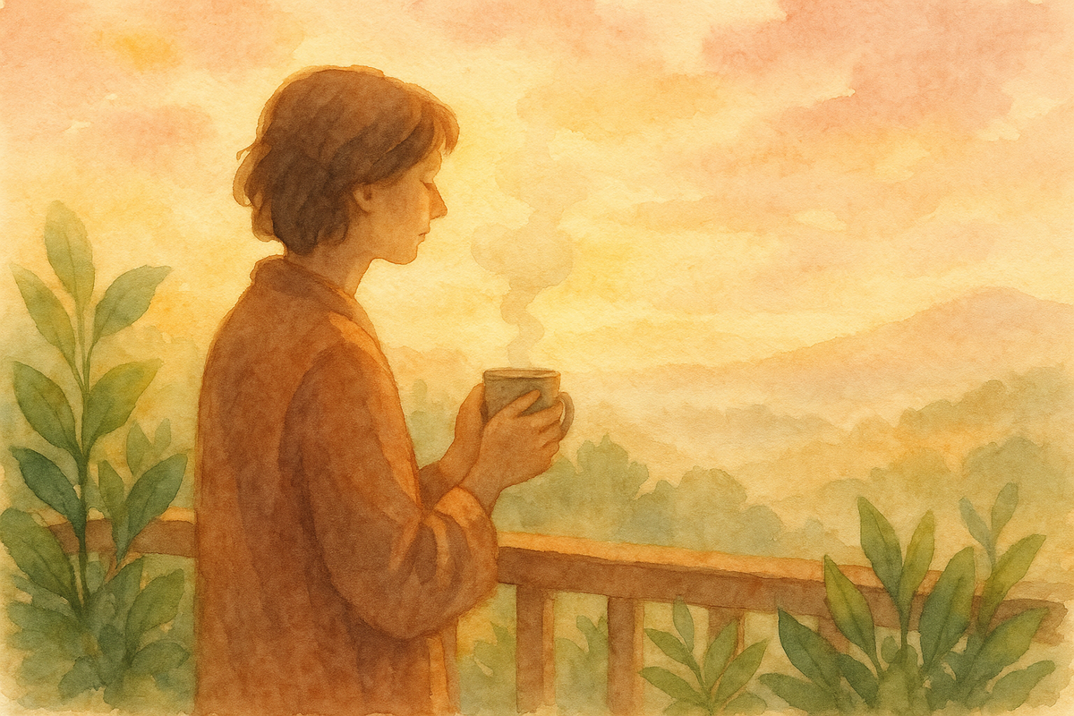 Person enjoying morning sunlight on a peaceful balcony, illustrating a calming mental health routine at sunrise.