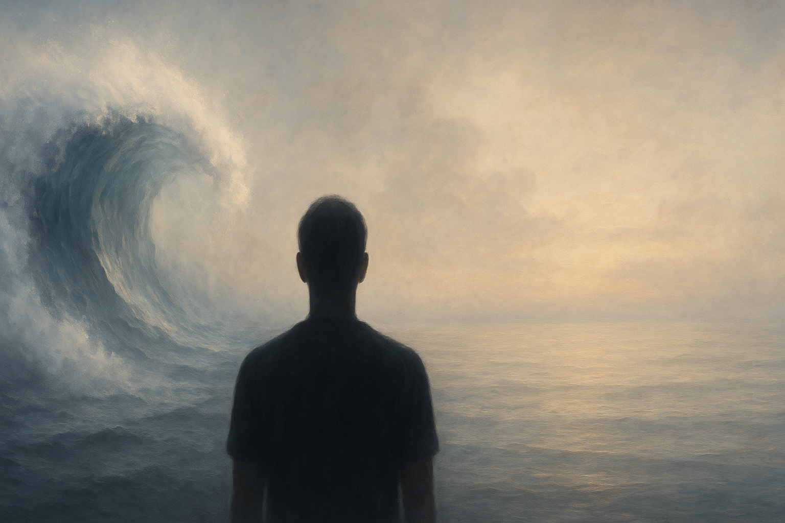 Person silhouette facing ocean wave transforming to calm water symbolizing DBT distress tolerance skills
