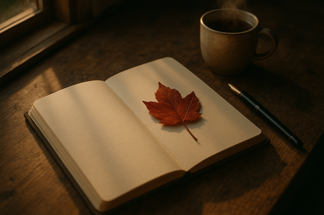 Open blank journal with pen and tea representing therapeutic journaling prompts for anger and reflection