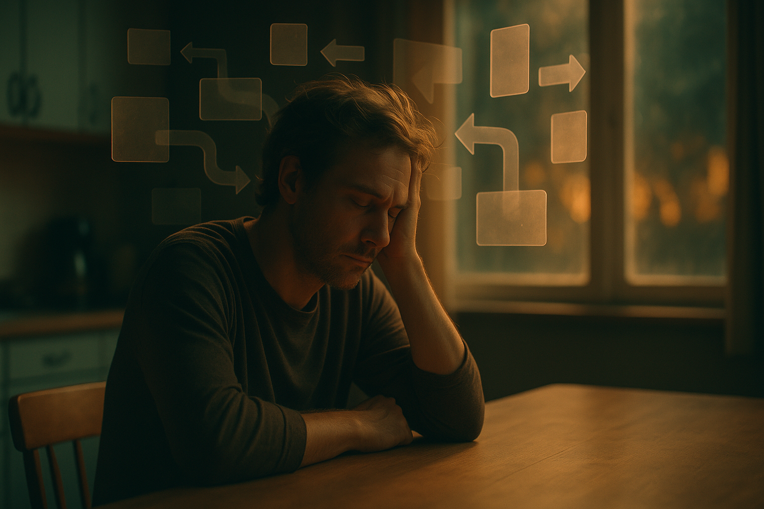Exhausted person at kitchen table illustrating decision fatigue and mental energy depletion at dusk