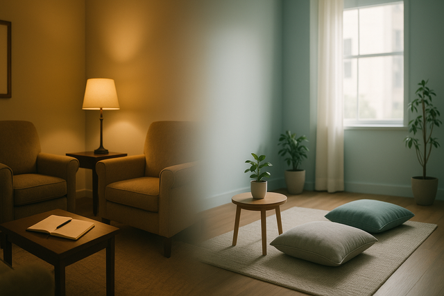 Side-by-side therapy office interiors comparing traditional talk therapy and ACT acceptance commitment therapy session spaces