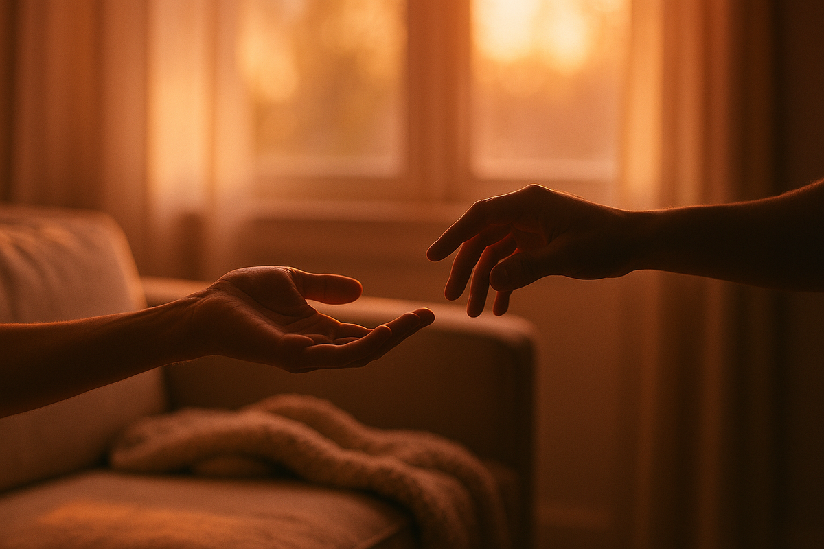 Two hands reaching gently across a sunlit couch representing C-PTSD flashback support between partners