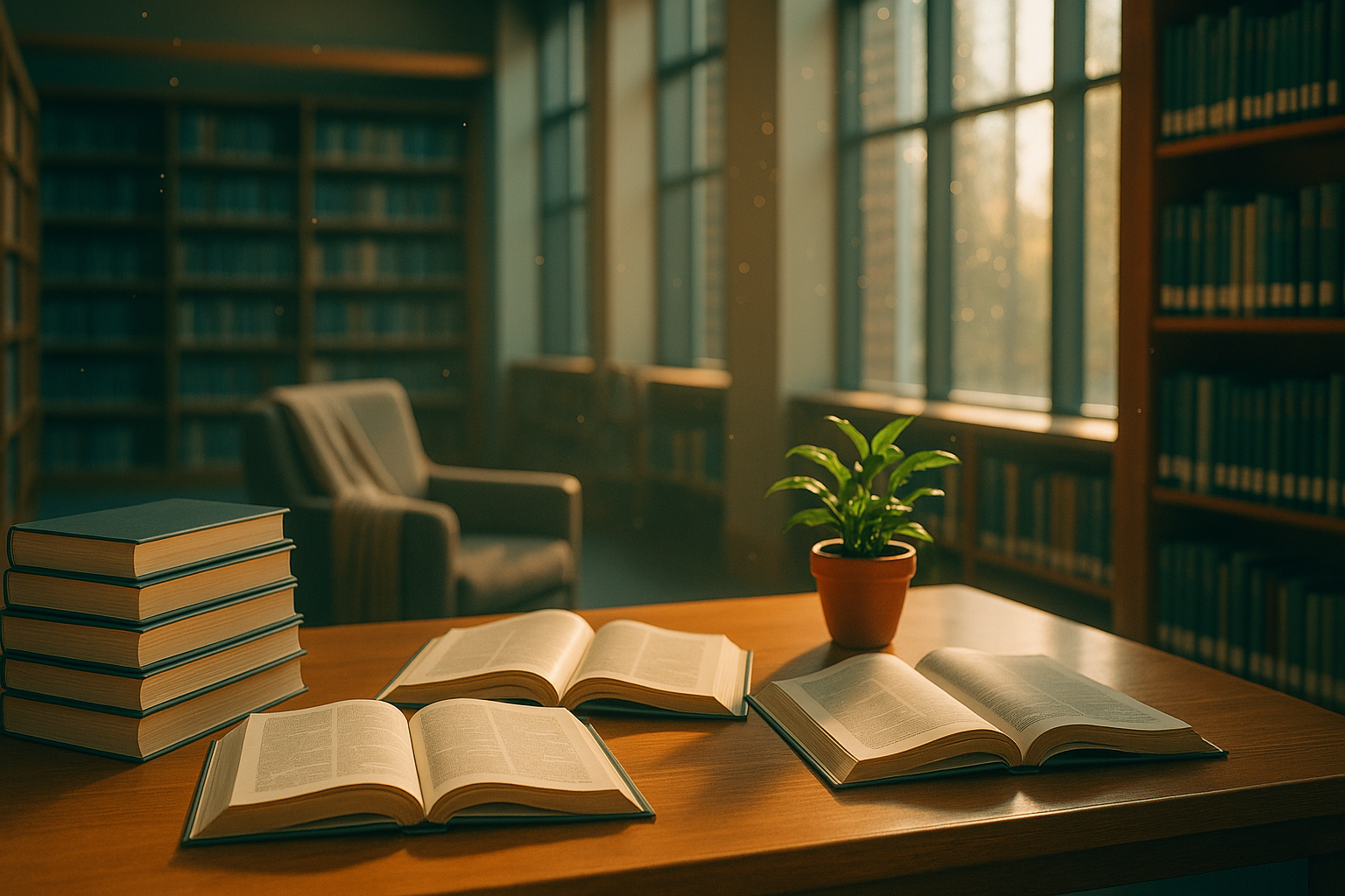 Sunlit research library table with open journals representing acceptance and commitment therapy evidence base
