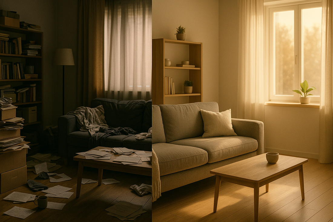 Split-scene photo showing the psychology of clutter through a chaotic room beside a calm tidy room