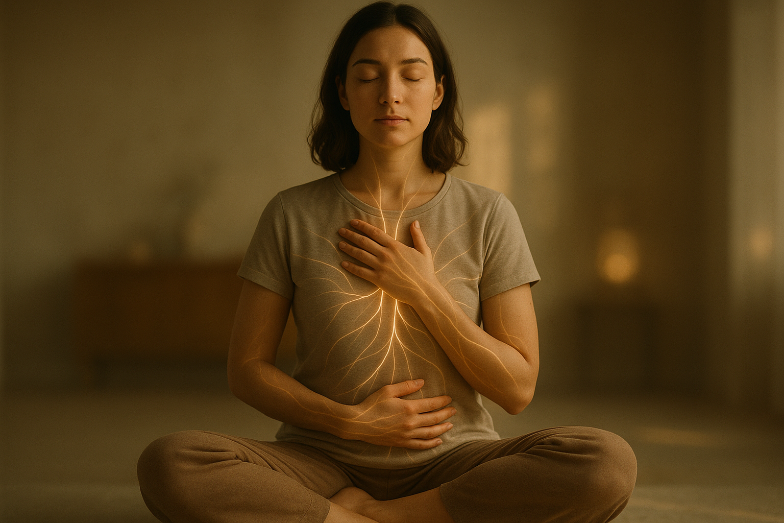 Person practicing interoception with hand on chest sensing internal body signals in warm light