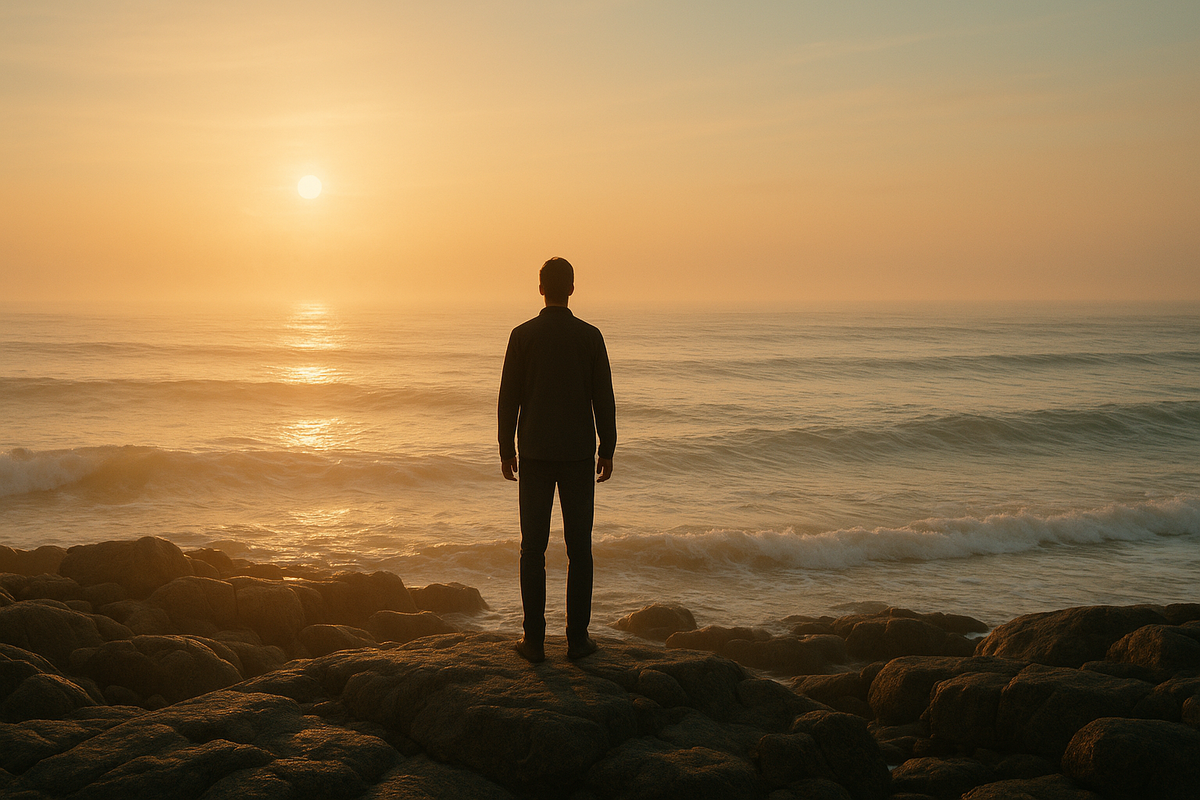 Person standing calmly on shoreline at sunrise representing acceptance and commitment therapy psychological flexibility