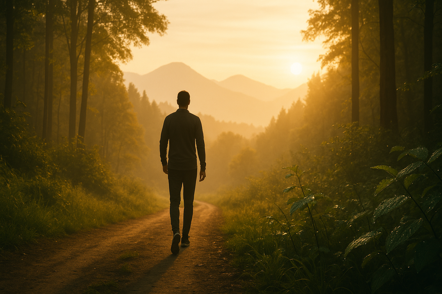 Person walking a forest trail at sunrise representing evidence-based mental health wellness practices