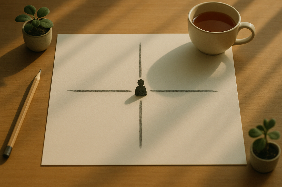 Overhead view of ACT Matrix diagram drawn on paper with four quadrants and small figure
