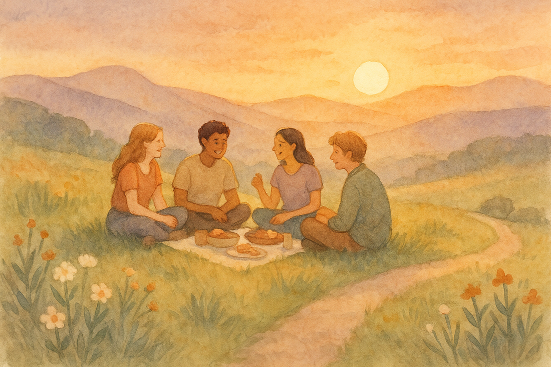 Friends sharing a meal at golden hour symbolizing the science of happiness and lasting joy through connection