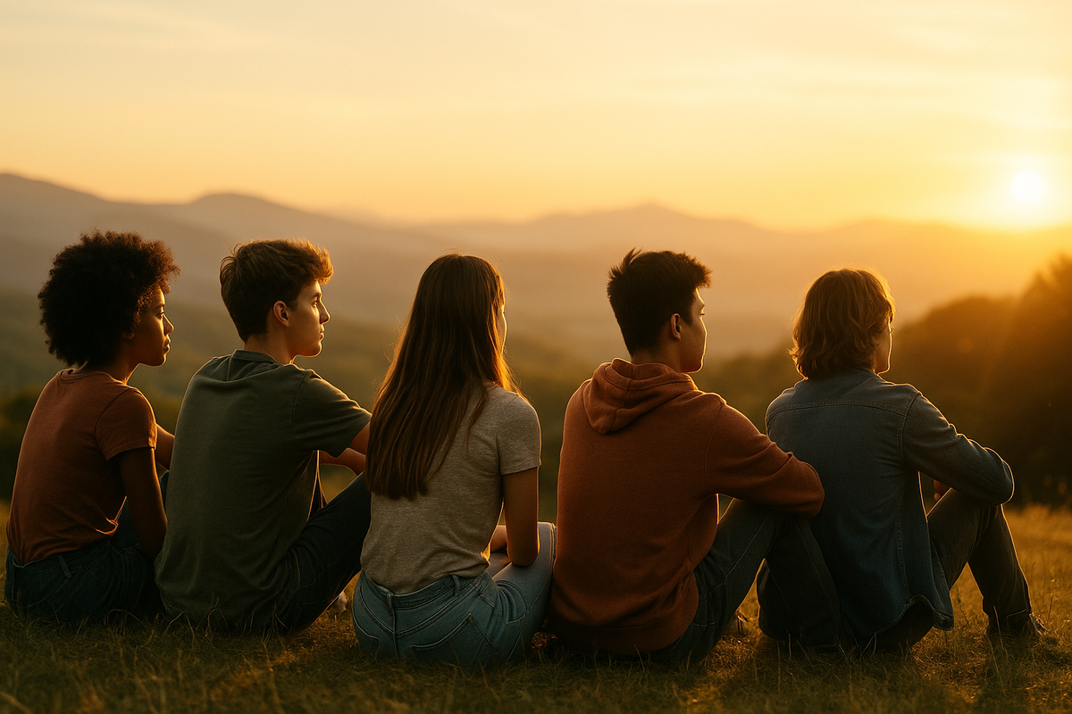 Diverse teenagers on hillside at sunset representing hope and ACT for adolescents mental health