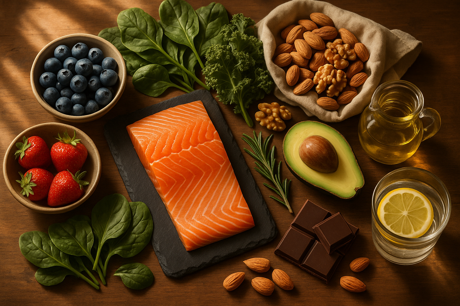 Overhead view of colorful whole foods supporting nutrition and mental health including salmon, berries, greens, nuts, and olive oil
