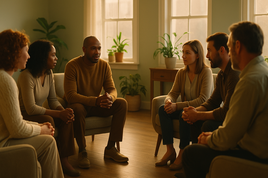 Diverse adults sitting in a supportive circle during a group therapy session in a bright welcoming room